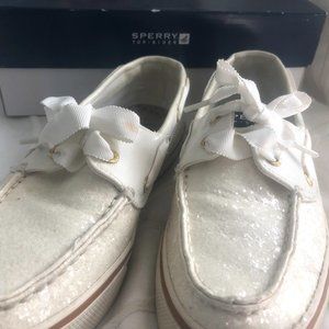 Women’s Sperry Top-Sider Bahama 2-Eye White Glitter Boat Shoes Size 8.5
